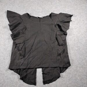 Velvet Blue Linen Ruffle Blouse Women's Size M/L Black Open Back Top